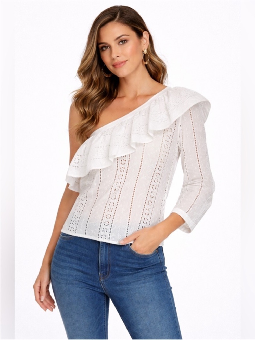 Veronica Beard Cruz Eyelet One-Shoulder Ruffle Top 4 small white cotton cottage - Picture 2 of 12